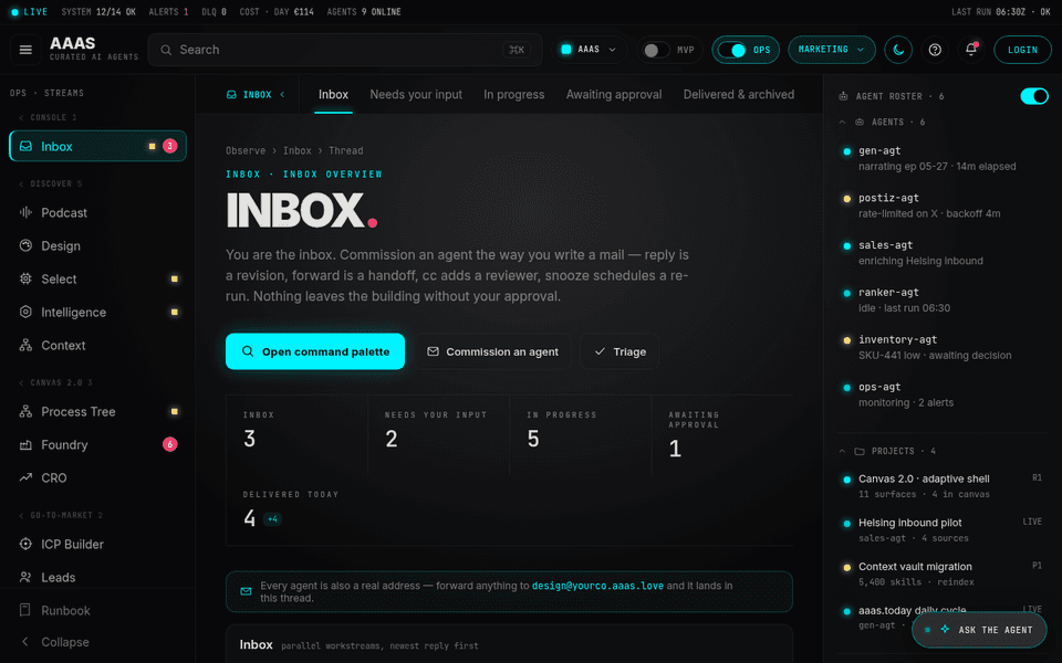 Canvas, the AaaS agent console